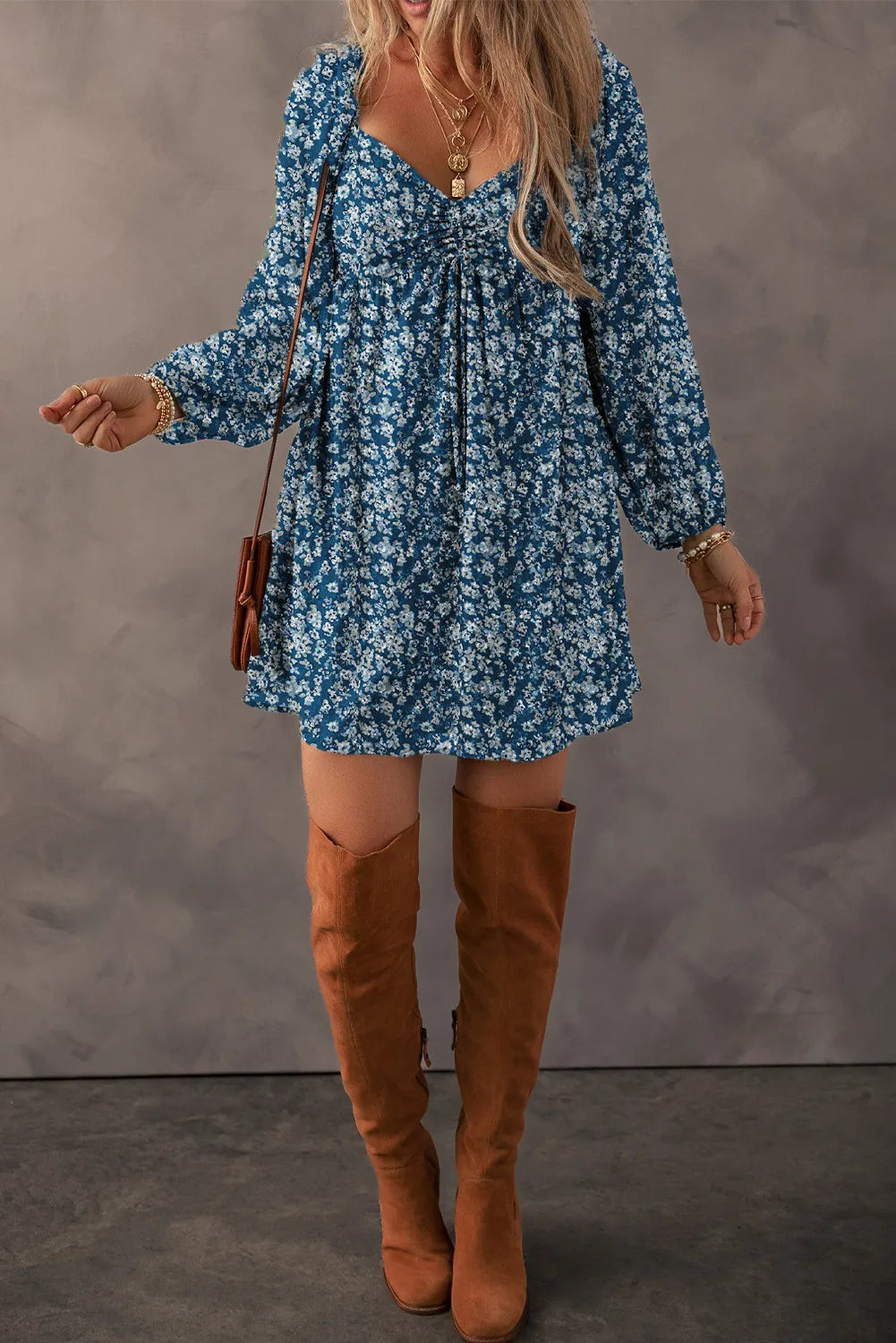 Ruched Printed Long Sleeve Mini Dress