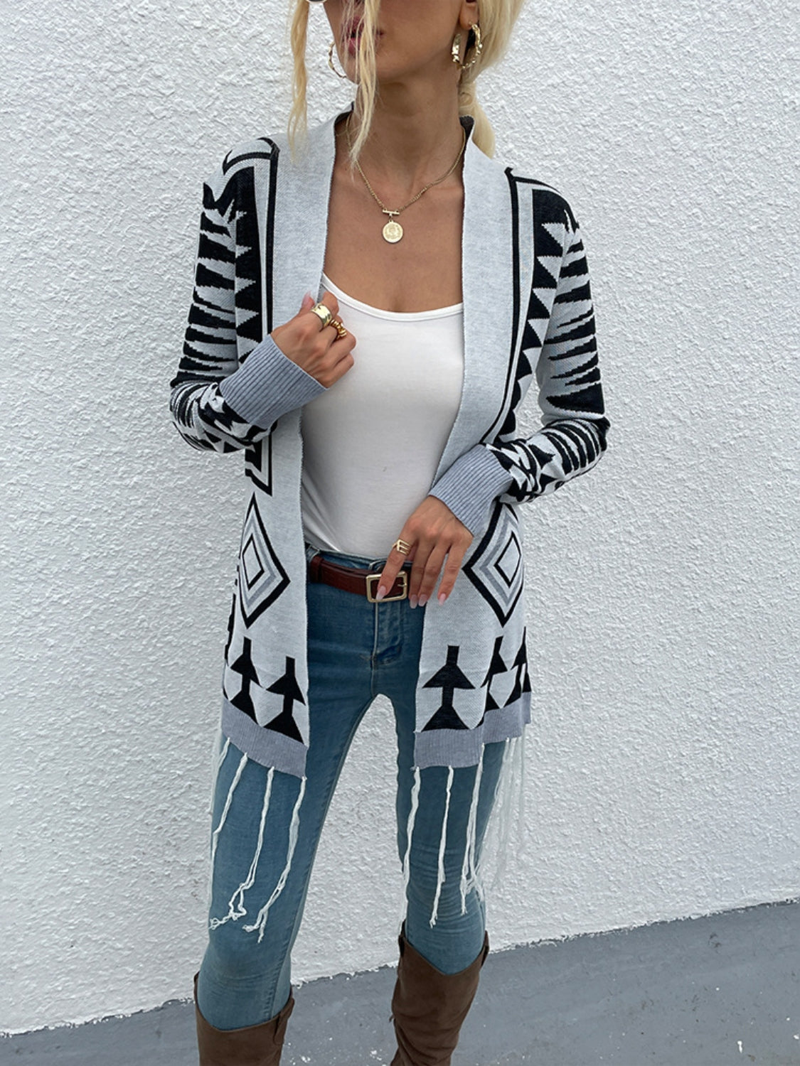 Geometric Fringe Hem Open Front Cardigan king-general-store-5710.myshopify.com