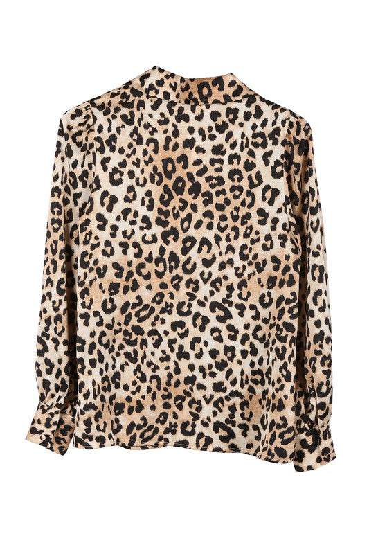 Long Sleeve Satin Leopard Blouse