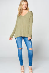 Solid Light Knit V-Neck Cold Shoulder Sweater