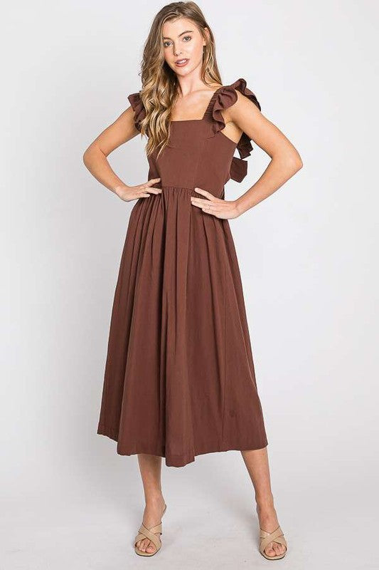 Tie Back Closure Ruffled Sleeve Midi Dress