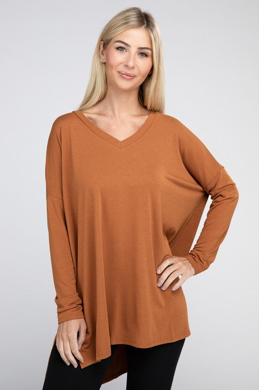 Dolman Long Sleeve V-Neck Side Slit Hi-Low Hem Top king-general-store-5710.myshopify.com