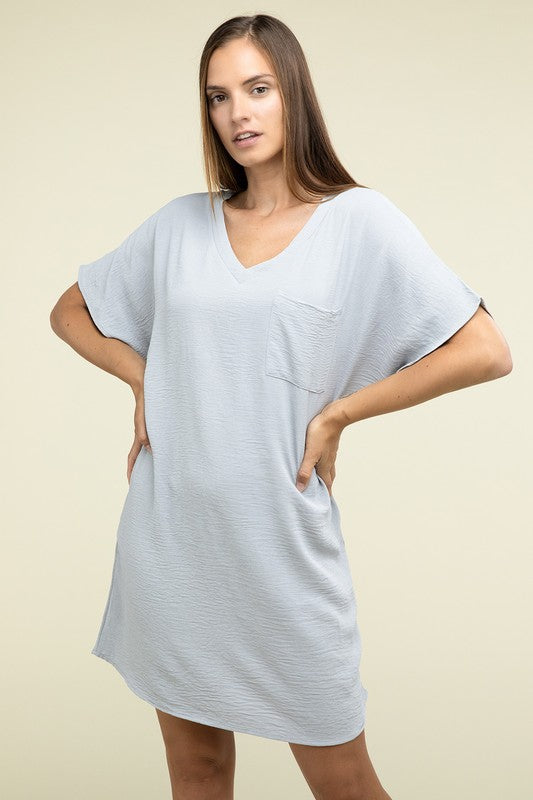 Woven Airflow V Neck T-Shirt Dress with Pockets