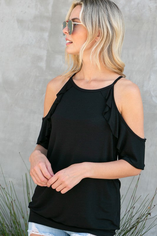 COLD SHOULDER RUFFLE SLEEVE TOP