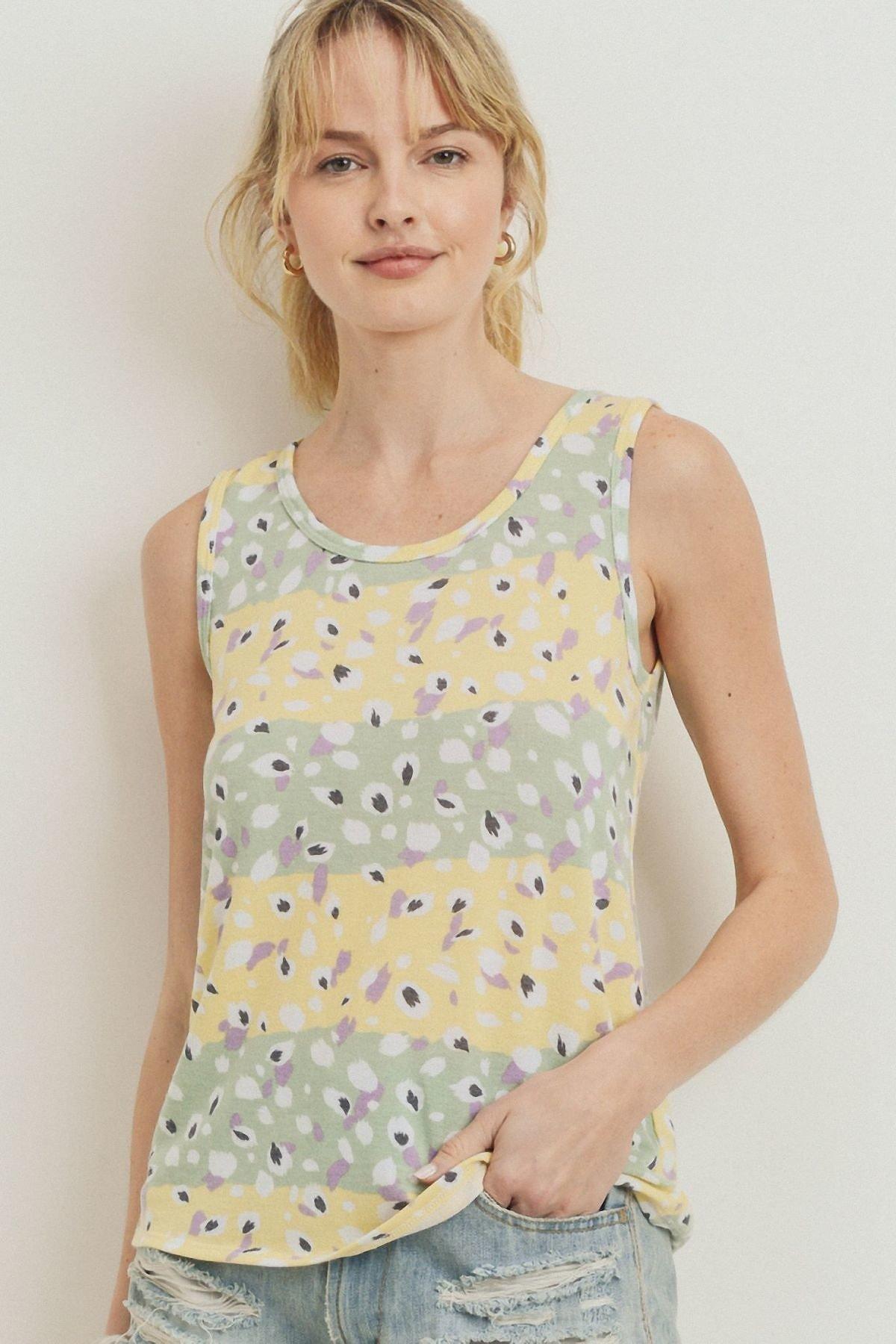 Sage/Yellow Printed Terry Back Opened Sleeveless Top