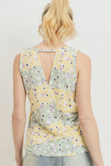 Sage/Yellow Printed Terry Back Opened Sleeveless Top