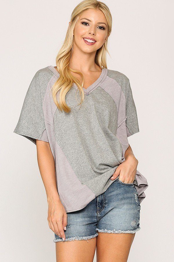 Heather Grey Rib Knit Mixed Dolman Sleeve Top with Round Hem