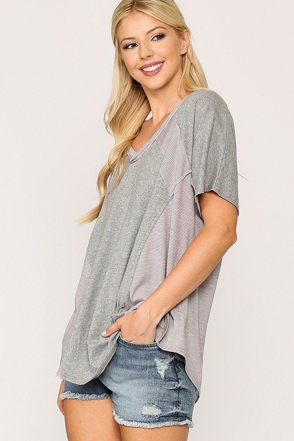 Heather Grey Rib Knit Mixed Dolman Sleeve Top with Round Hem