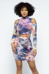 Tie Dye Open Shoulder Long Sleeve Top & Matching Skirt