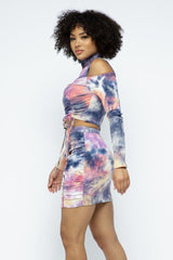 Tie Dye Open Shoulder Long Sleeve Top & Matching Skirt