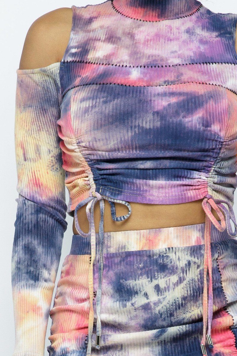 Tie Dye Open Shoulder Long Sleeve Top & Matching Skirt