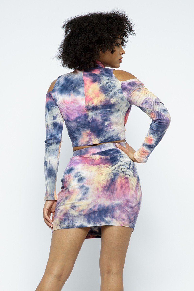 Tie Dye Open Shoulder Long Sleeve Top & Matching Skirt