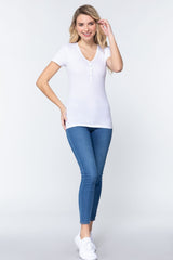 Short Sleeve V-neck Henley Knit Top