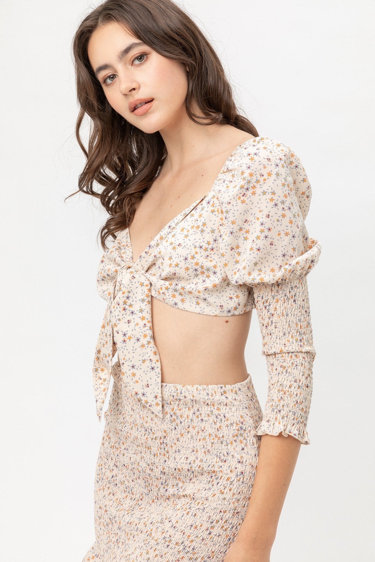 Cream Front Tie Woven Printed Top