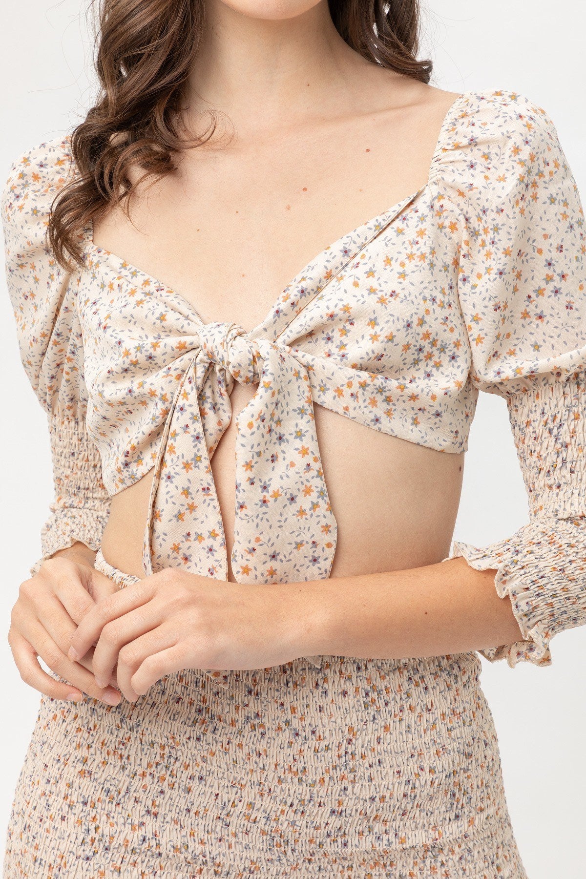 Cream Front Tie Woven Printed Top