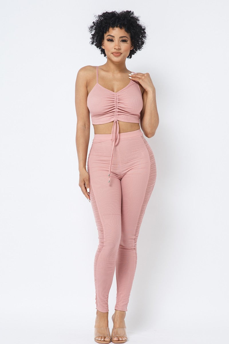 Rose Mesh Strappy Adjustable Ruched Crop Top with Matching See Through Side Panel Leggings