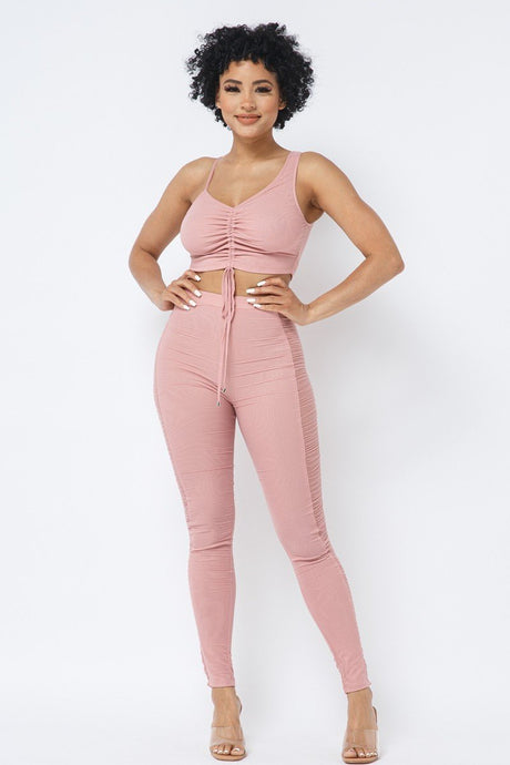 Rose Mesh Strappy Adjustable Ruched Crop Top with Matching See Through Side Panel Leggings