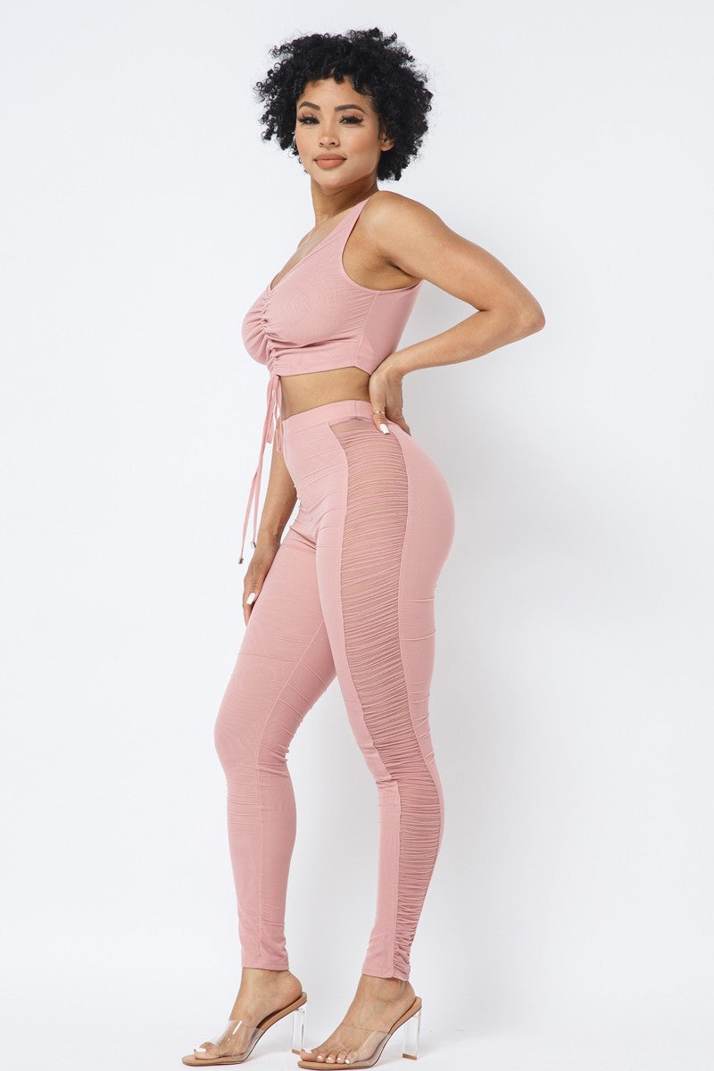 Rose Mesh Strappy Adjustable Ruched Crop Top with Matching See Through Side Panel Leggings