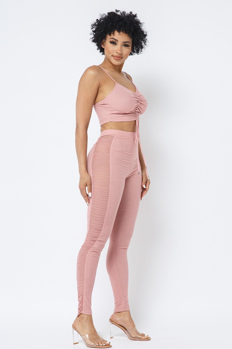 Rose Mesh Strappy Adjustable Ruched Crop Top with Matching See Through Side Panel Leggings