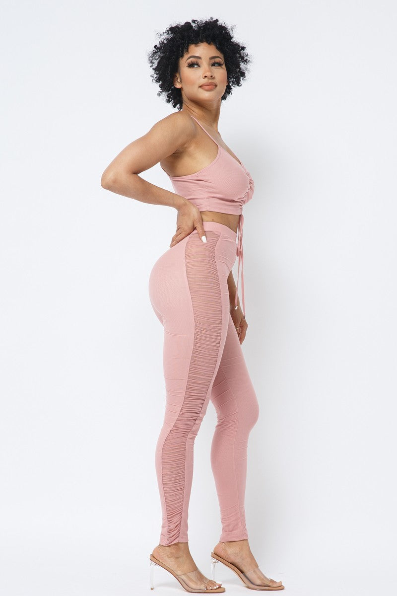 Rose Mesh Strappy Adjustable Ruched Crop Top with Matching See Through Side Panel Leggings