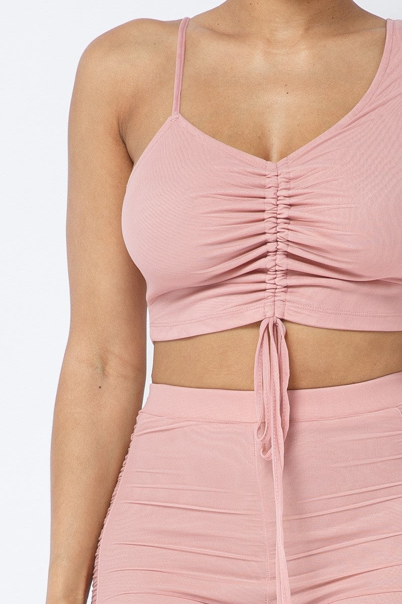 Rose Mesh Strappy Adjustable Ruched Crop Top with Matching See Through Side Panel Leggings