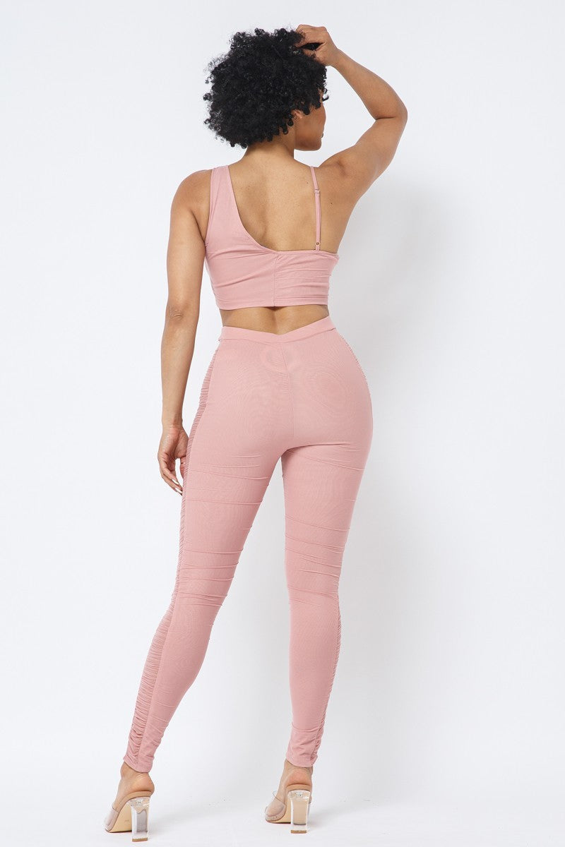 Rose Mesh Strappy Adjustable Ruched Crop Top with Matching See Through Side Panel Leggings