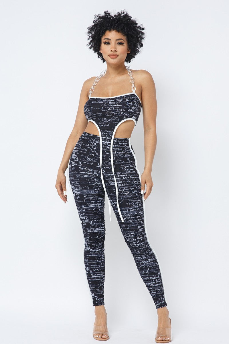 Black Mesh Print Crop Top with Plastic Chain Halter Neck With Matching Leggings