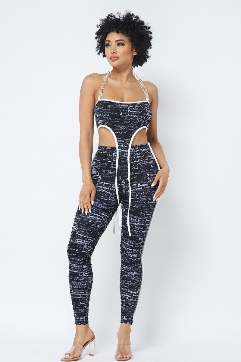 Black Mesh Print Crop Top with Plastic Chain Halter Neck With Matching Leggings