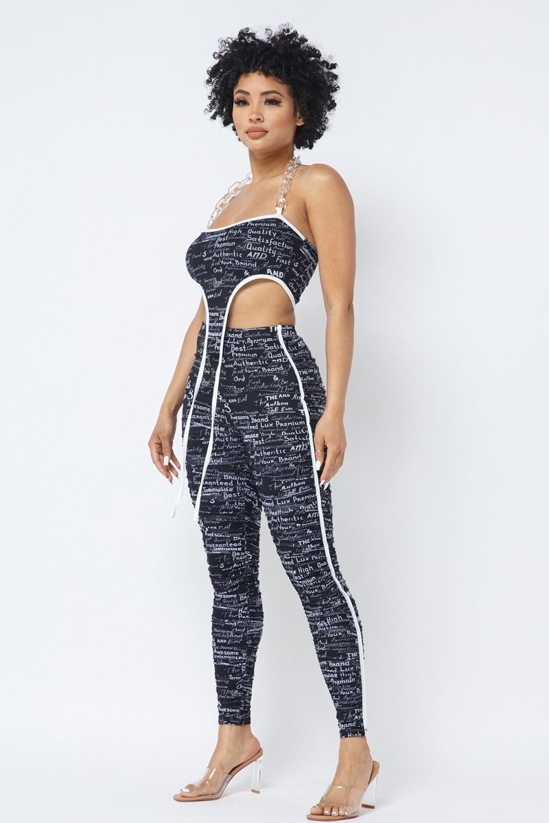 Black Mesh Print Crop Top with Plastic Chain Halter Neck With Matching Leggings