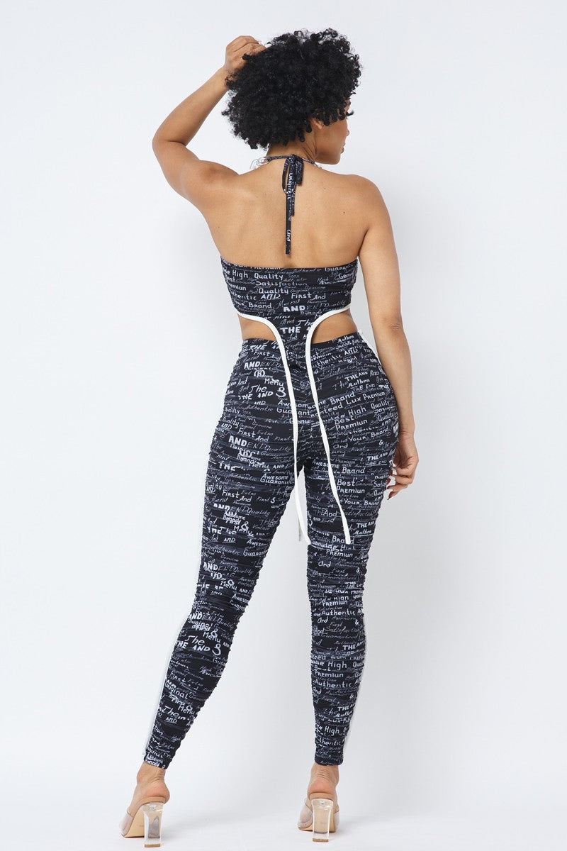 Black Mesh Print Crop Top with Plastic Chain Halter Neck With Matching Leggings