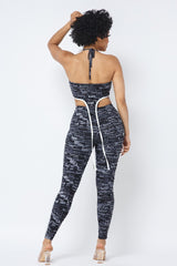 Black Mesh Print Crop Top with Plastic Chain Halter Neck With Matching Leggings