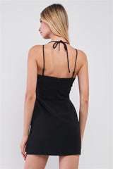 Black Slim Fit Sleeveless Front Corset Inspired Tie-up Mini Dress