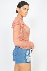 Dusty Sand Sheer Crochet Lace Ruffled Top