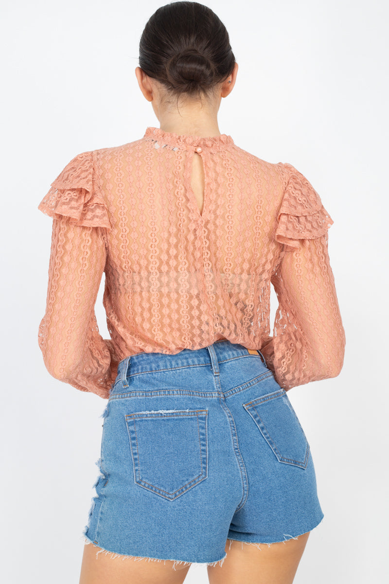 Dusty Sand Sheer Crochet Lace Ruffled Top