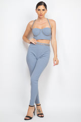 Denim Blue Stone Embellished Top And Pants Set