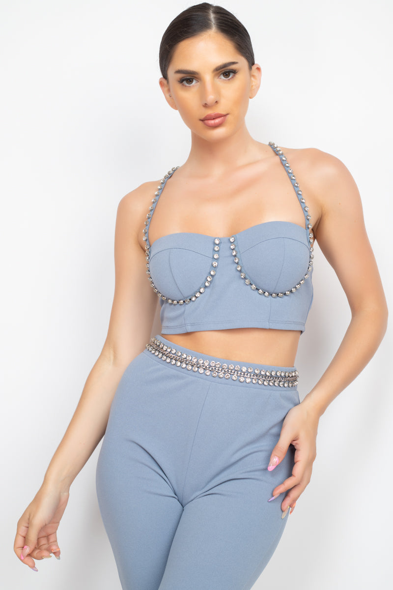 Denim Blue Stone Embellished Top And Pants Set