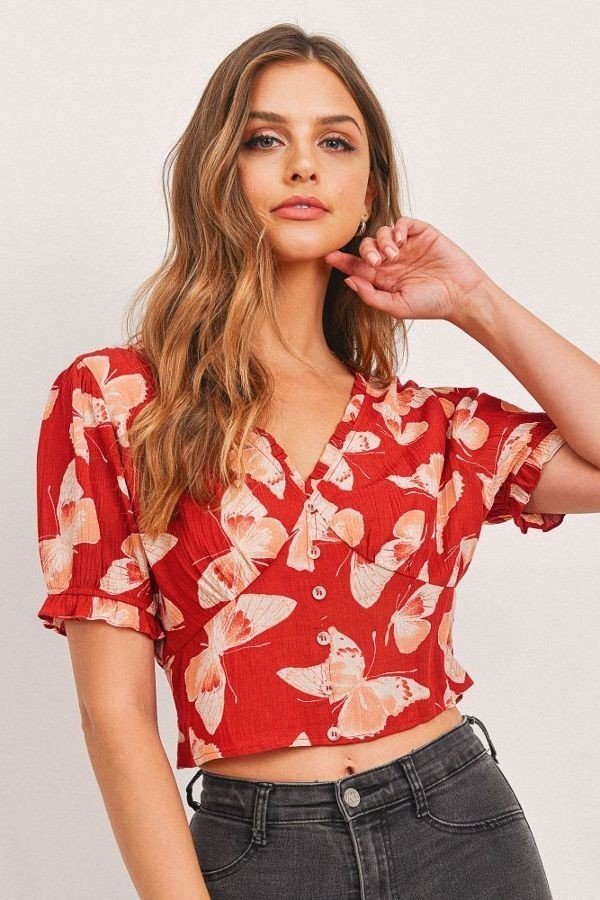 Butterfly V-Neck Crop Smocked Back Waist Top