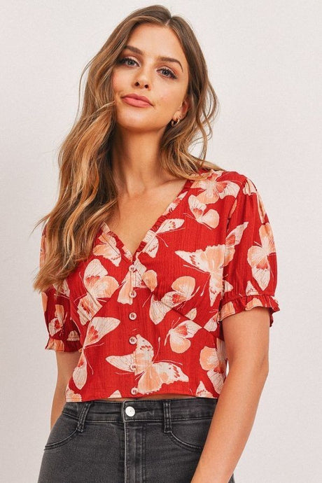 Butterfly V-Neck Crop Smocked Back Waist Top