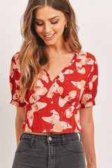 Butterfly V-Neck Crop Smocked Back Waist Top