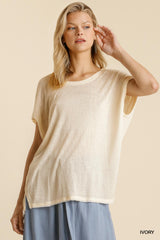 Ivory Short Sheer Dolman Sleeve Scoop Neck Top With Side Slit