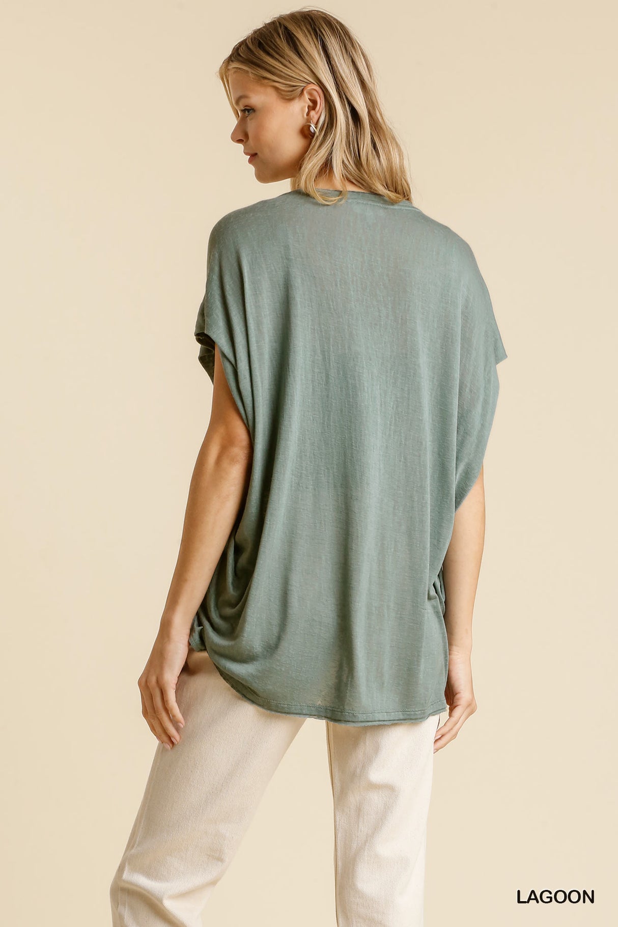 Lagoon Short Sheer Dolman Sleeve Scoop Neck Top With Side Slit