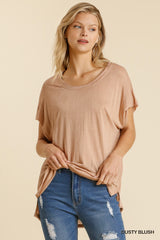 Dusty Blush Short Sheer Dolman Sleeve Scoop Neck Top With Side Slit