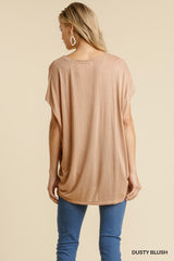 Dusty Blush Short Sheer Dolman Sleeve Scoop Neck Top With Side Slit