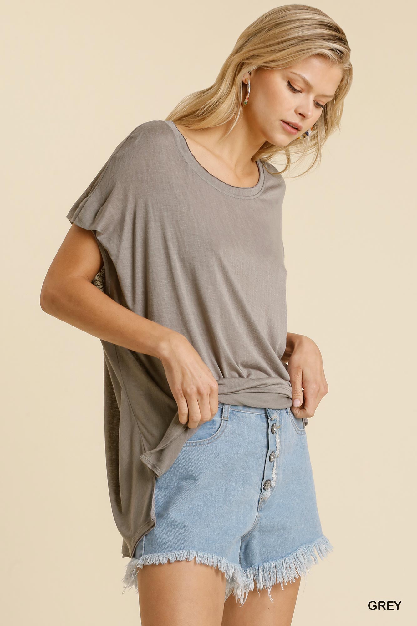 Grey Short Sheer Dolman Sleeve Scoop Neck Top With Side Slit