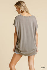 Grey Short Sheer Dolman Sleeve Scoop Neck Top With Side Slit