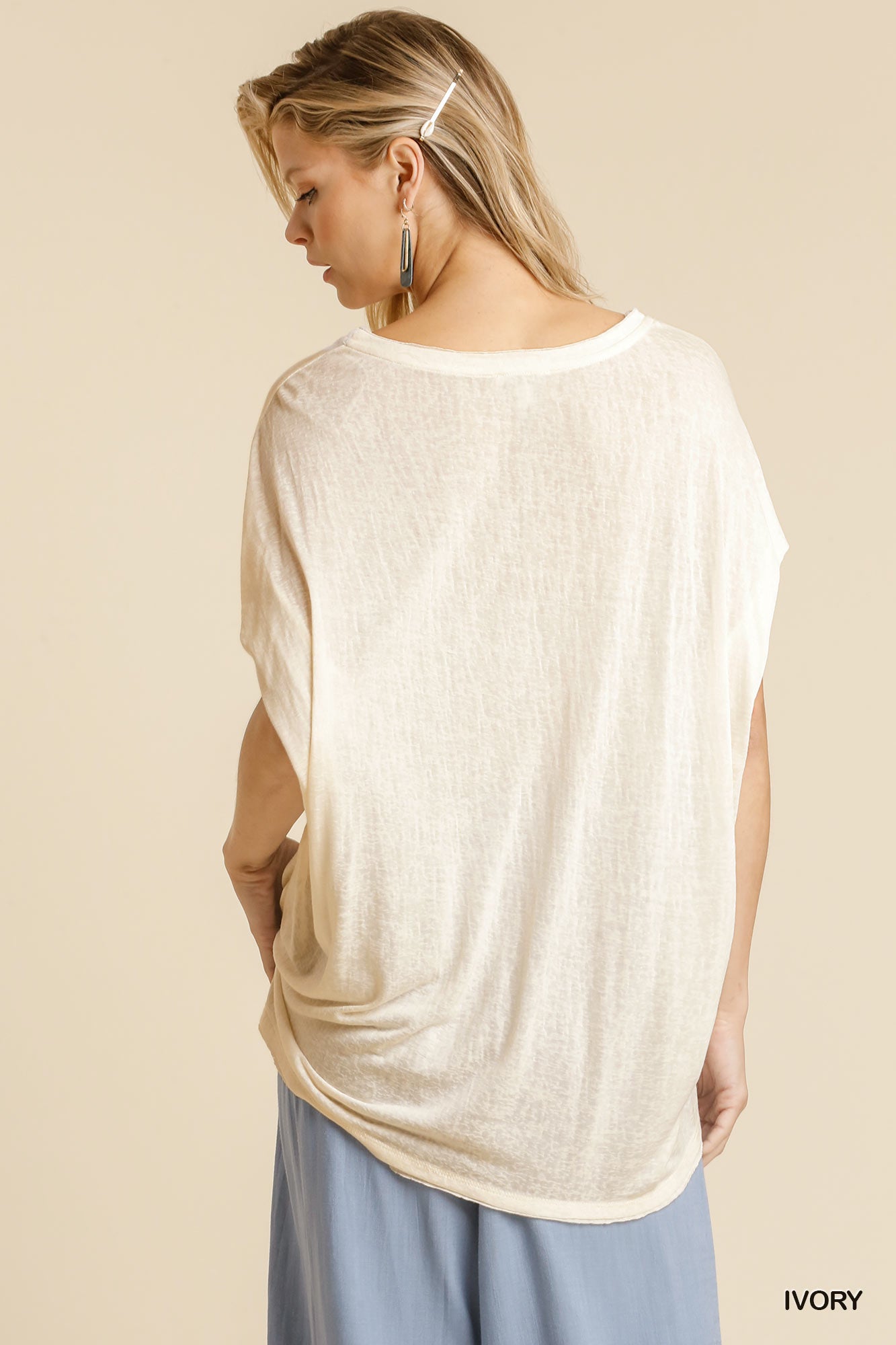 Ivory Short Sheer Dolman Sleeve Scoop Neck Top With Side Slit