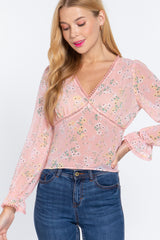 Pink Ruffle Sleeve Floral Print Chiffon Top