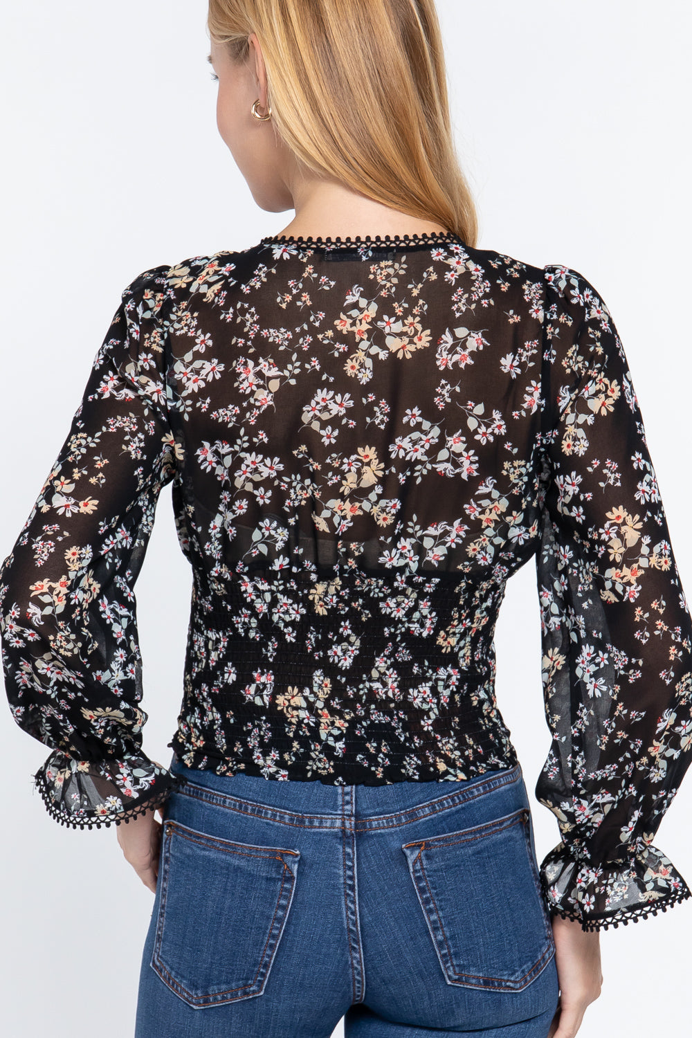 Black Ruffle Sleeve Floral Print Chiffon Top