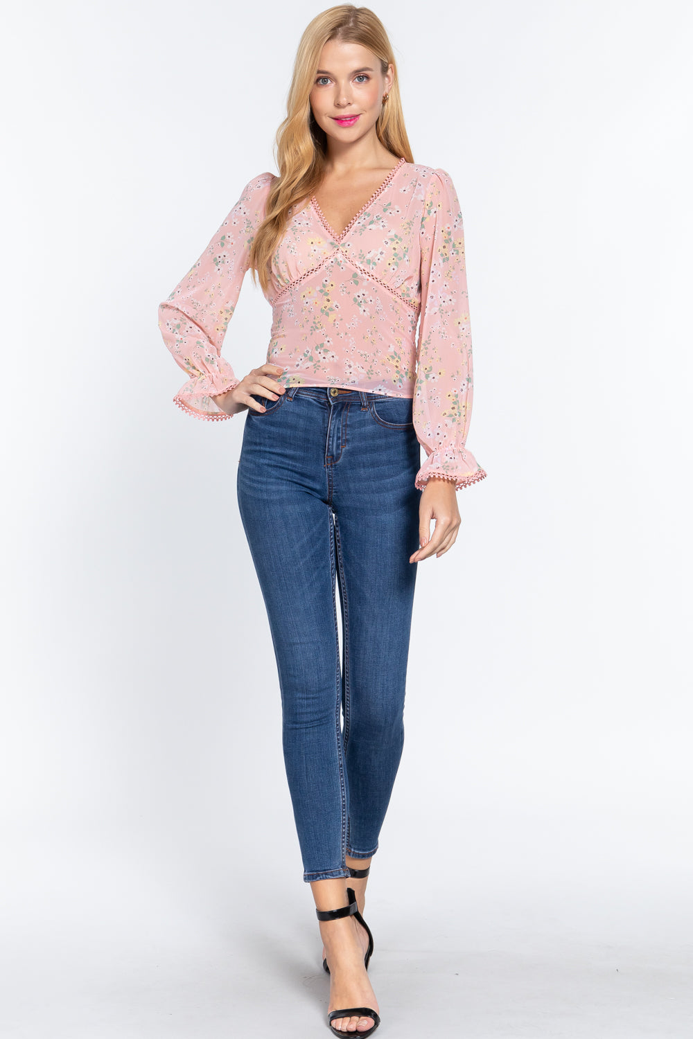 Pink Ruffle Sleeve Floral Print Chiffon Top