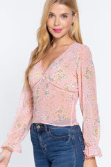 Pink Ruffle Sleeve Floral Print Chiffon Top